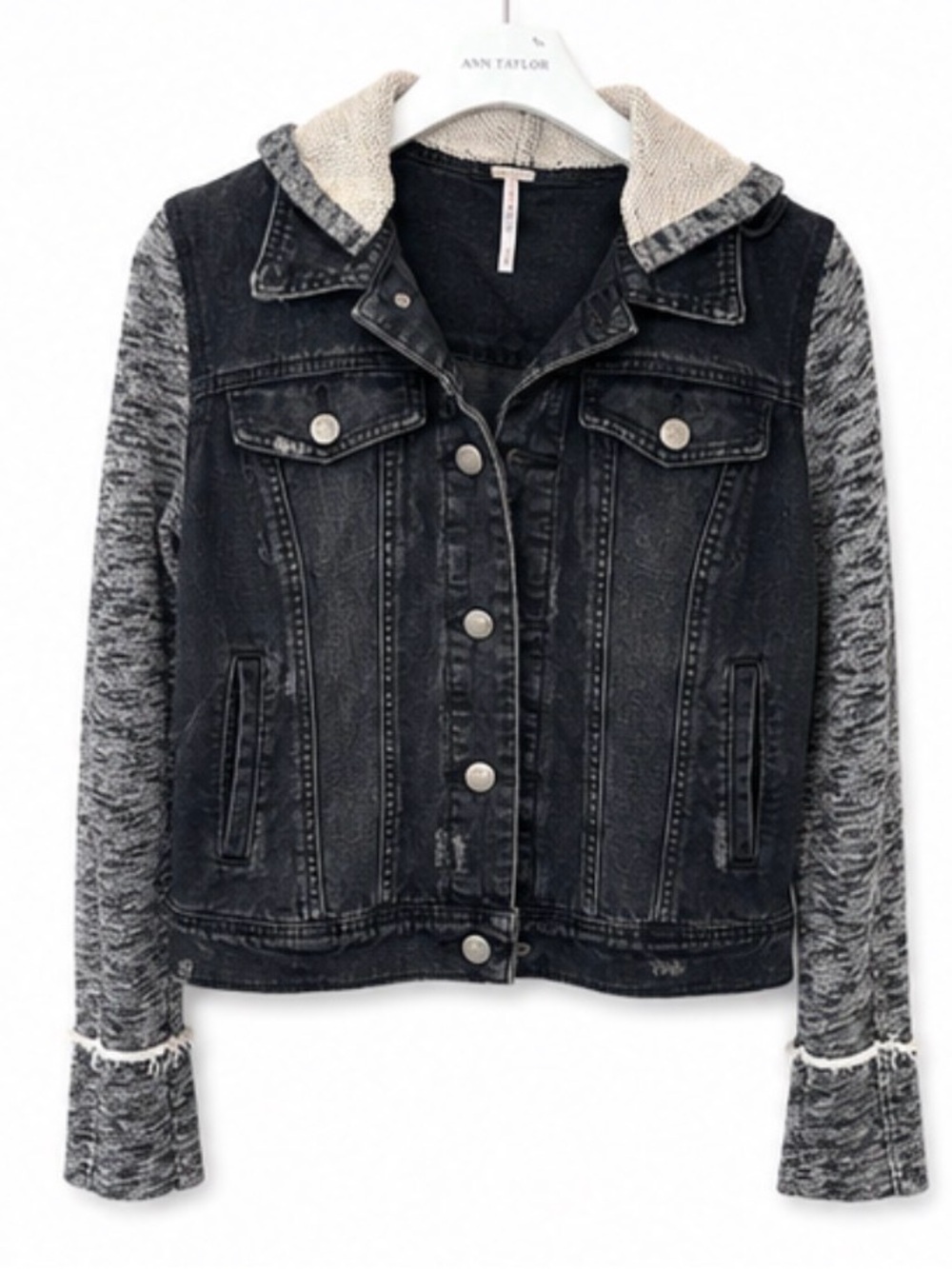 Free People Washed Black Denim Jacket with Knit Trim